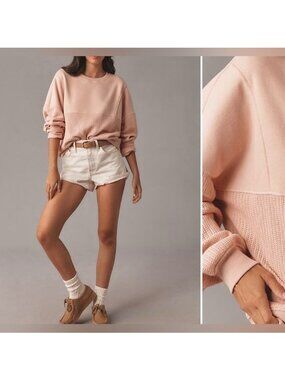 Anthropologie Pilcro Pink Mixed Rib Knit Sweatshirt XS Cotton Blend Crewneck
